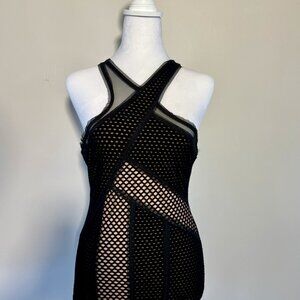 NWT BCBG Criss-Cross Katlin Top with Tan + Black Mesh Layering